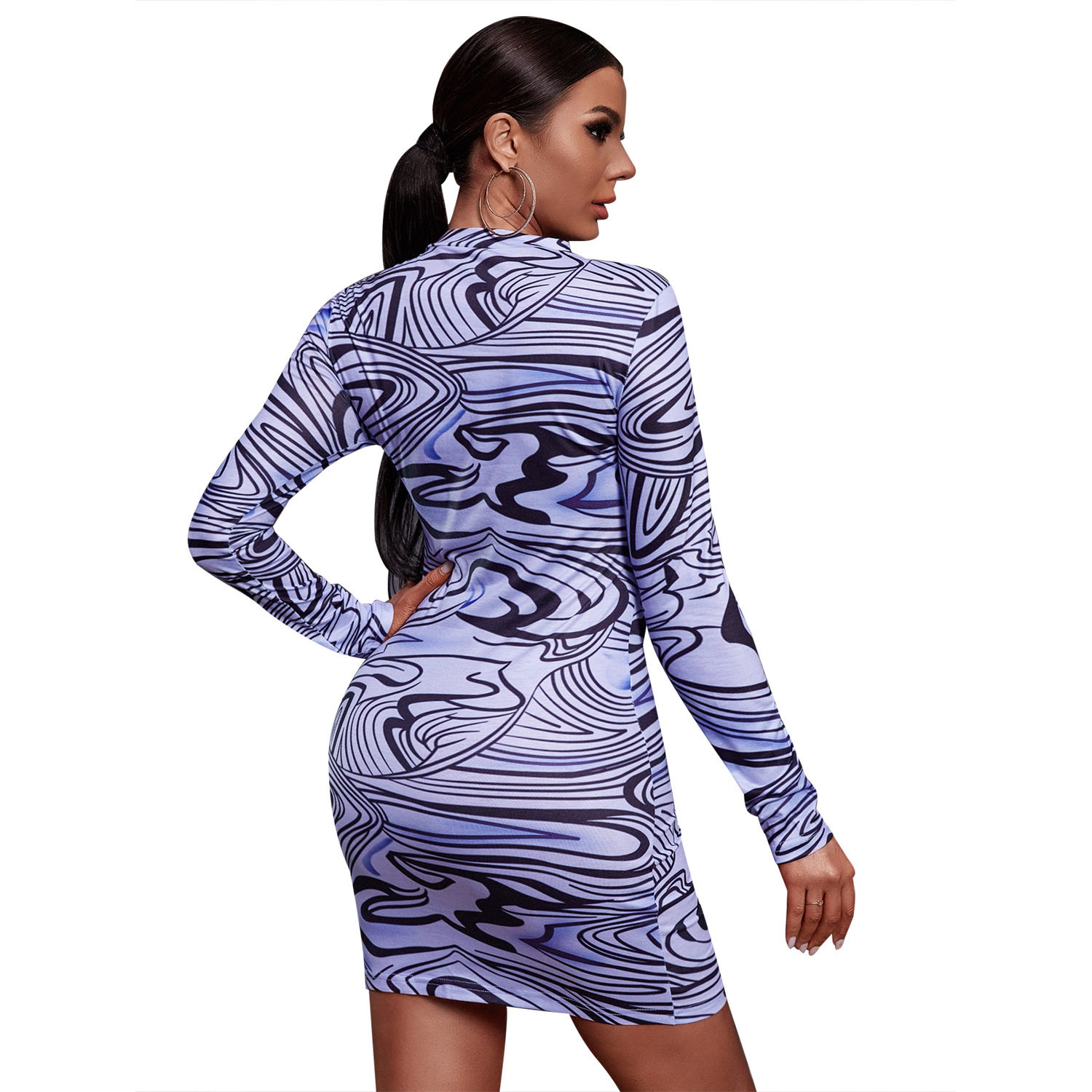 Abstract Tie Dye Print Long Sleeve Bodycon Dress Trendy European and American Style Perfect for Casual Outings