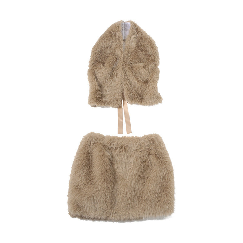 Womens Sexy Backless Halter Top and Solid Color Plush Mini Skirt Set Autumn Fashion Perfect for Parties and Night Out