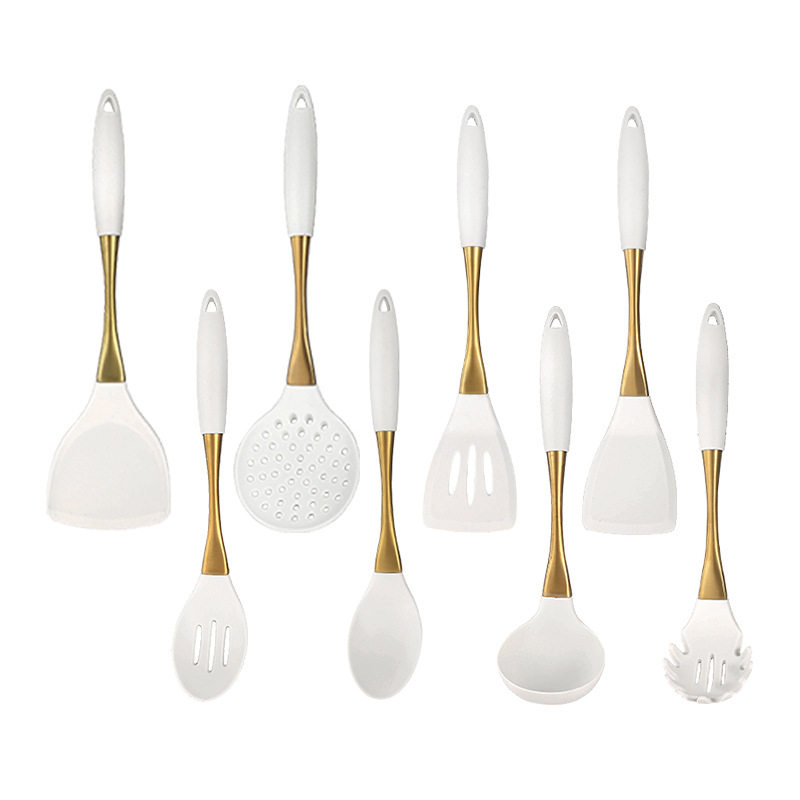 in stock 304 stainless steel gold plated handle silicone kitchenware wholesale high temperature resistant cooking spoon shovel 8 piece kitchen utensils