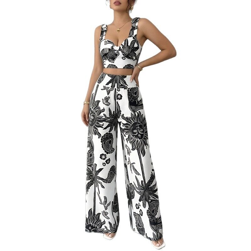 Womens Casual Plant Print Vest and Wide Leg Pants Set Spring Collection Vacation Wear Wholesale Available