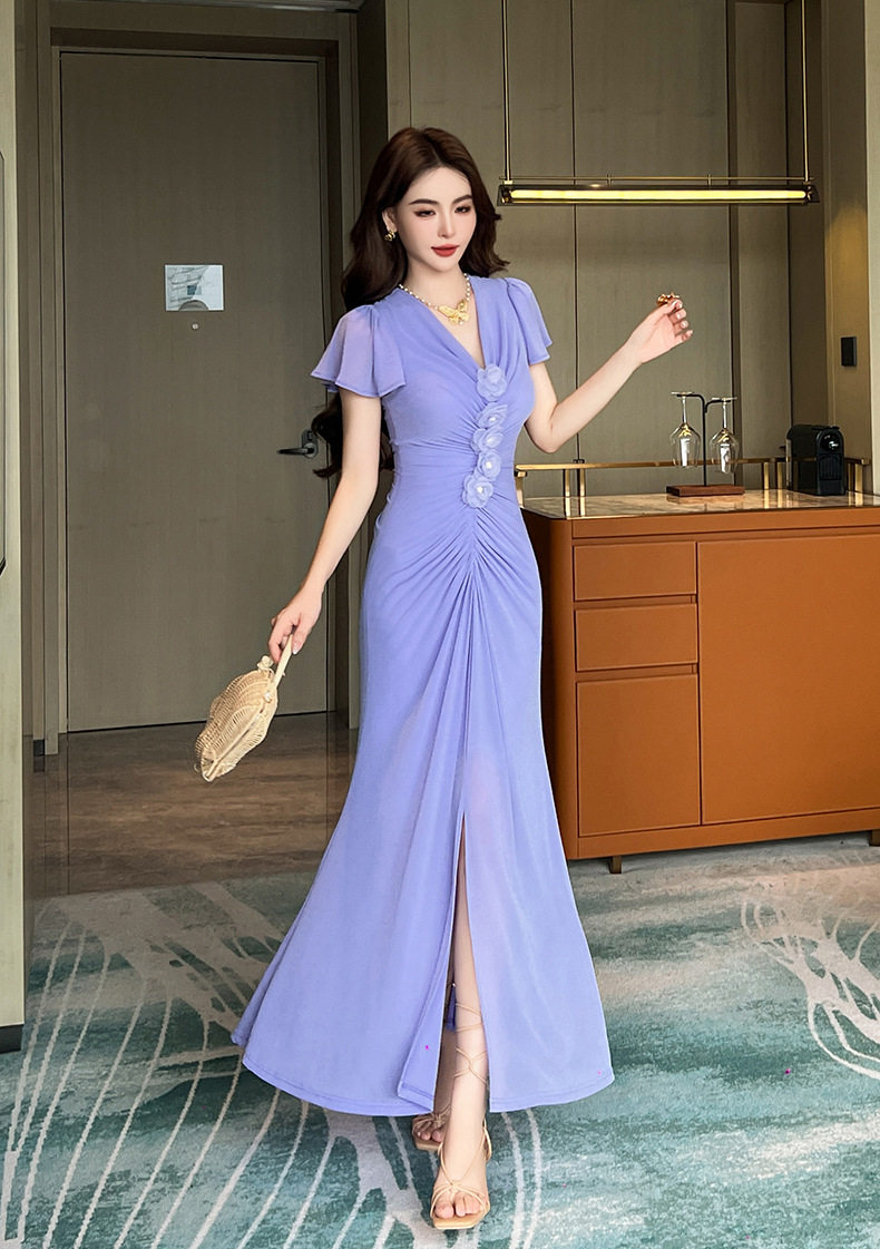 Đầm ôm body nữ phong cách Pháp cổ V tay ngắn eo cao — [Tử Đinh Hương] chi tiết 5