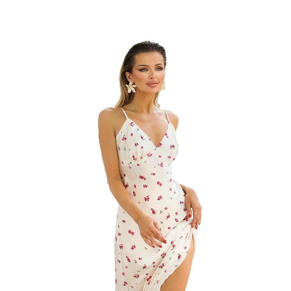 French Style Floral Print Maxi Dress for Women Slim Fit V Neck Sleeveless Elegant Casual Wear Wholesale Available