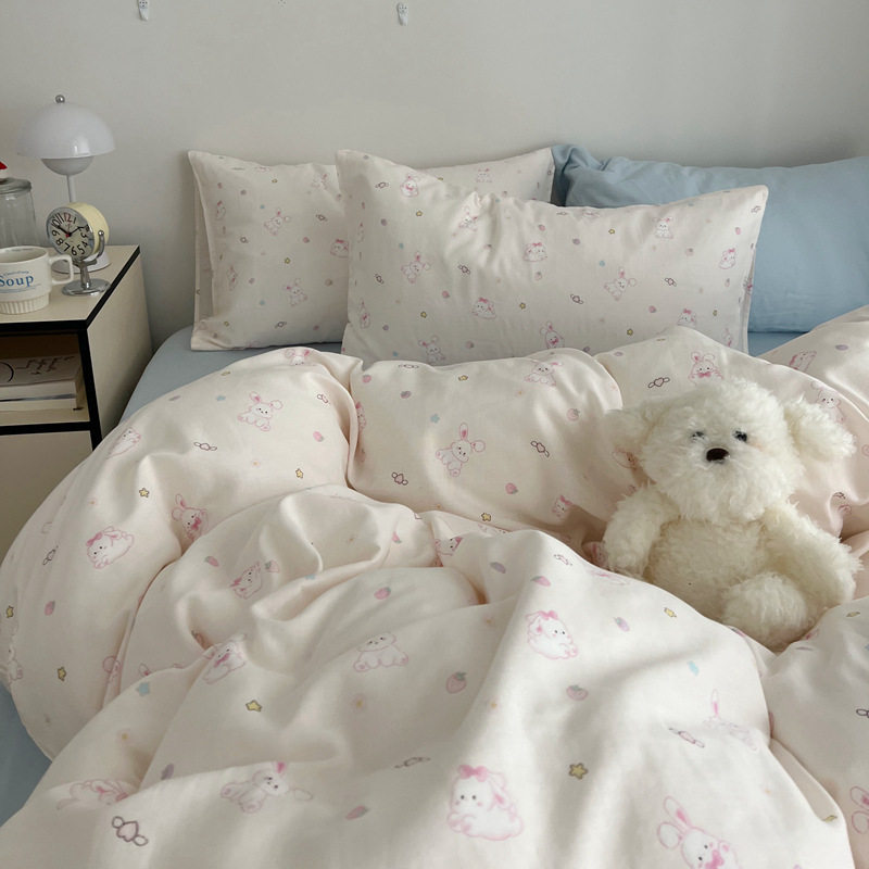 Small Fresh Girly Heart Cute Dog Double-Layer Gauze Quilt Cover Pure Cotton Type a 4-Piece Dormitory Three-Piece Set