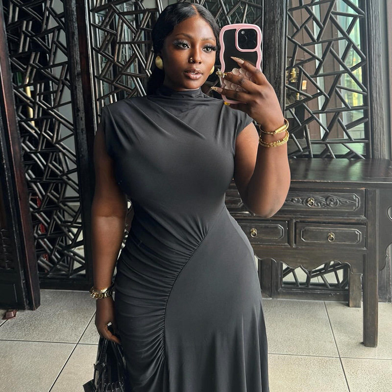 Womens Elegant Solid Color Sleeveless Dress Round Neck Irregular Hem Chic Style Perfect for Casual or Formal