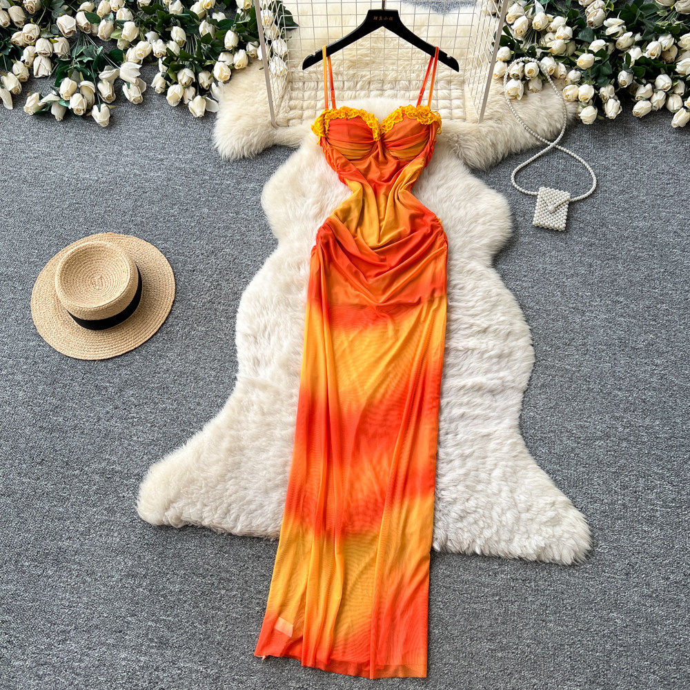 V Neck Chiffon Maxi Dress Orange Gradient Sleeveless Slim Fit Elegant Style Perfect for Summer Vacations
