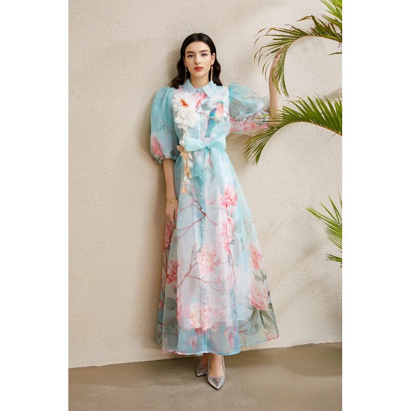 French Elegant Summer Dress Corset Waist 3D Floral Design Lantern Sleeves Printed Tulle Perfect for Garden Parties
