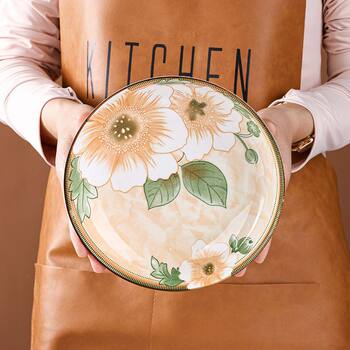 Camellia New 8inch Round Plate Ceramic Vintage Creative Simple Household Plate Household Tableware