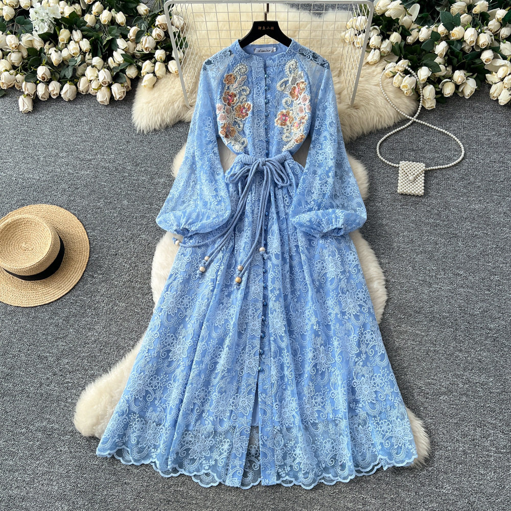 French Vintage Beaded Sequin Embroidered Waist Tie Lantern Sleeve Dress Elegant Long Dress for Autumn Wholesale Available