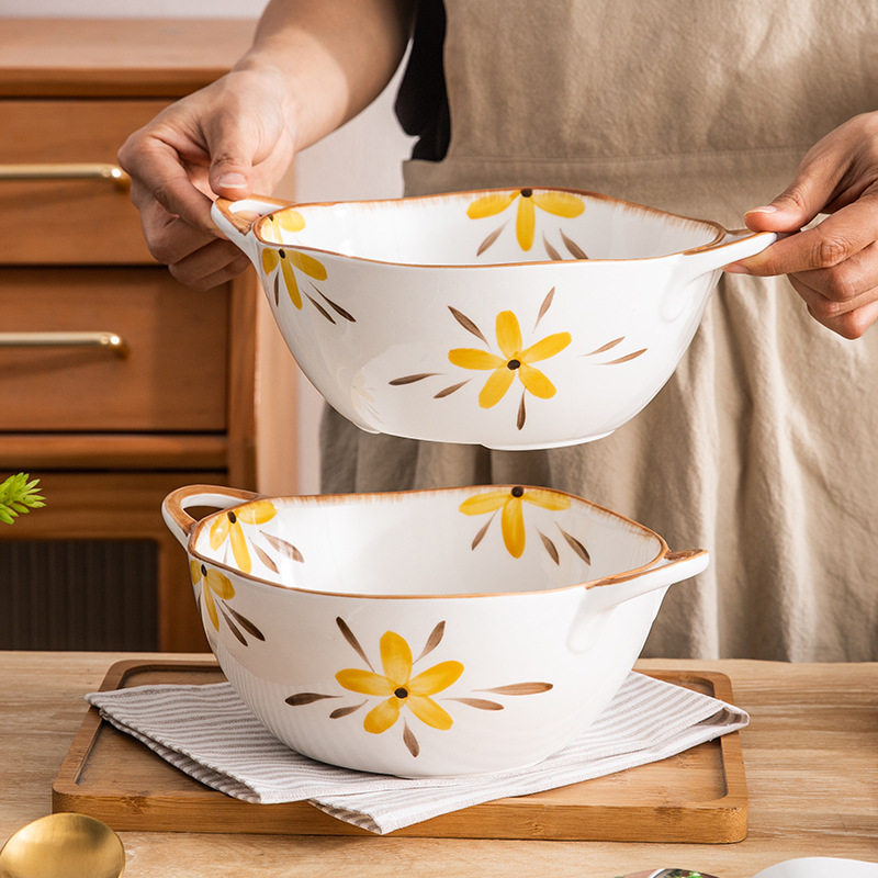 Chaozhou Factory Household Simple Style Ceramic Soup Bowl Japanese Style Yellow Flower Painted Tableware Binaural Bowl Salah Bowl
