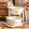 Chaozhou Factory Household Simple Style Ceramic Soup Bowl Japanese Style Yellow Flower Painted Tableware Binaural Bowl Salah Bowl