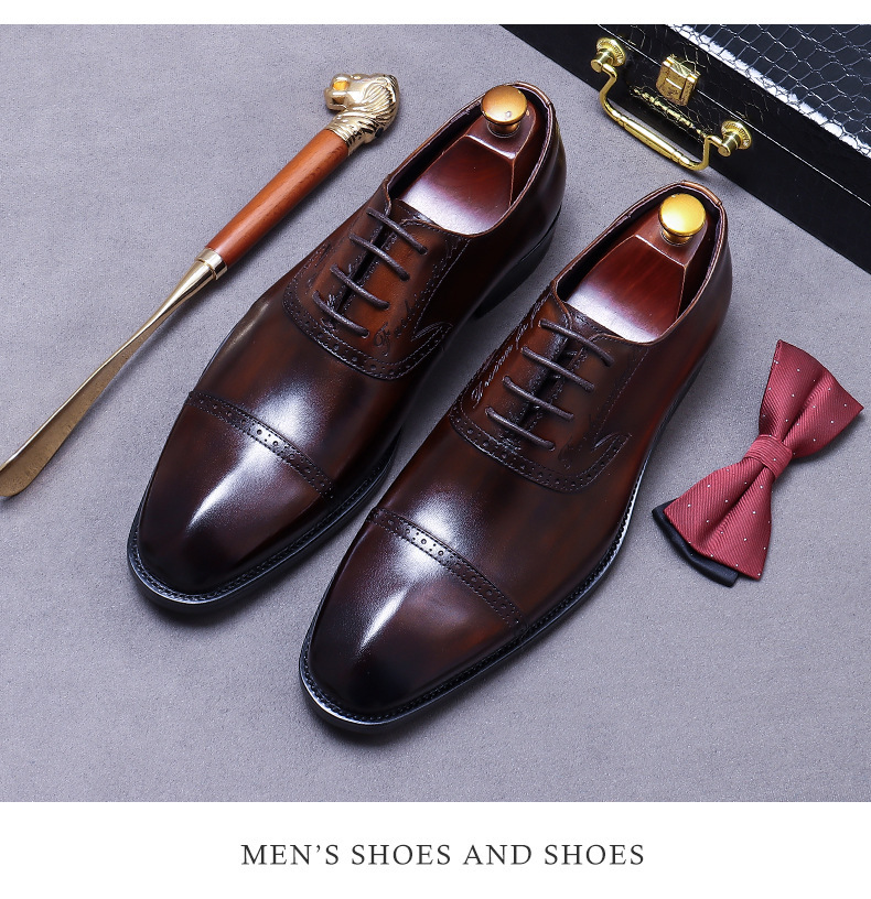 Giày Oxford nam da bò thật buộc dây mũi nhọn chạm khắc — Màu đen, Màu cà phê