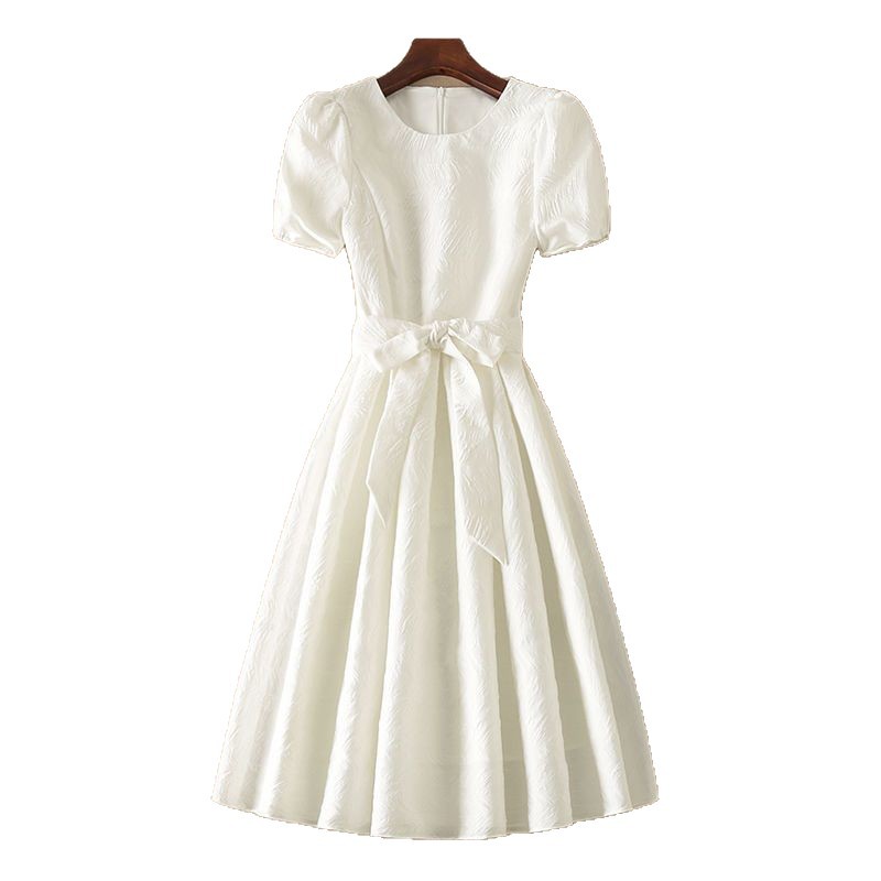 White A Line Dress Sweet Minimalist Waist Defined Round Neck Summer Casual Wear Wholesale Available
