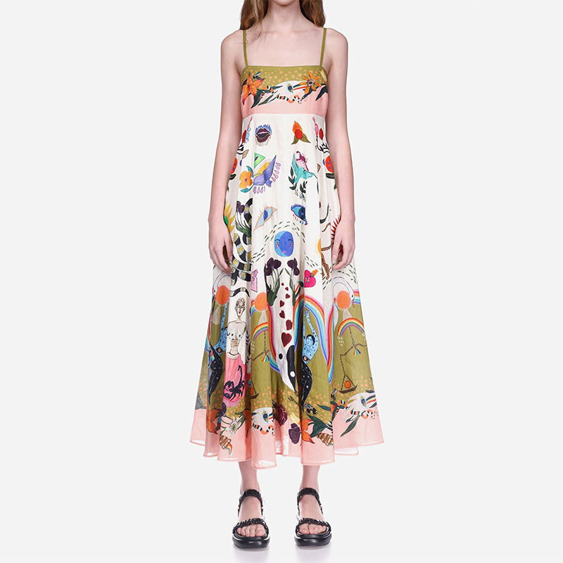 Loose Fit Art Print Off Shoulder High Waist Maxi Dress Spring Collection for Women Stylish Casual Wear Wholesale