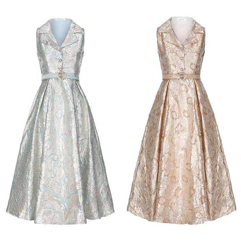 Elegant Floral A Line Dress Sleeveless Waist Tie Slim Fit Summer Style Perfect for Parties or Formal Events
