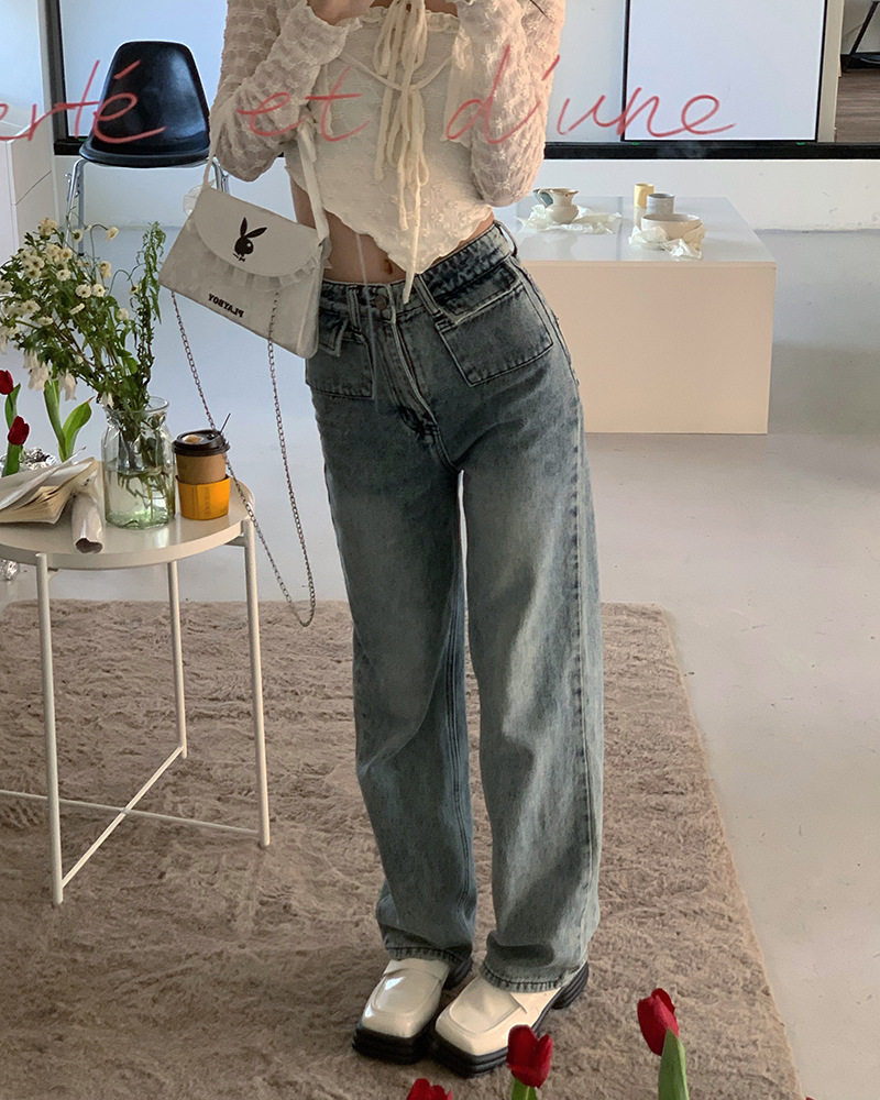 High Waisted Womens Jeans Slim Fit Versatile Korean Style Casual Spring and Autumn Wear Wholesale Available