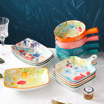 Ceramic Tableware Set with Handles, Bowls, Plates, Household High-Looking Internet Celebrity Baked Cheese Baked Rice Plate, Oven Special