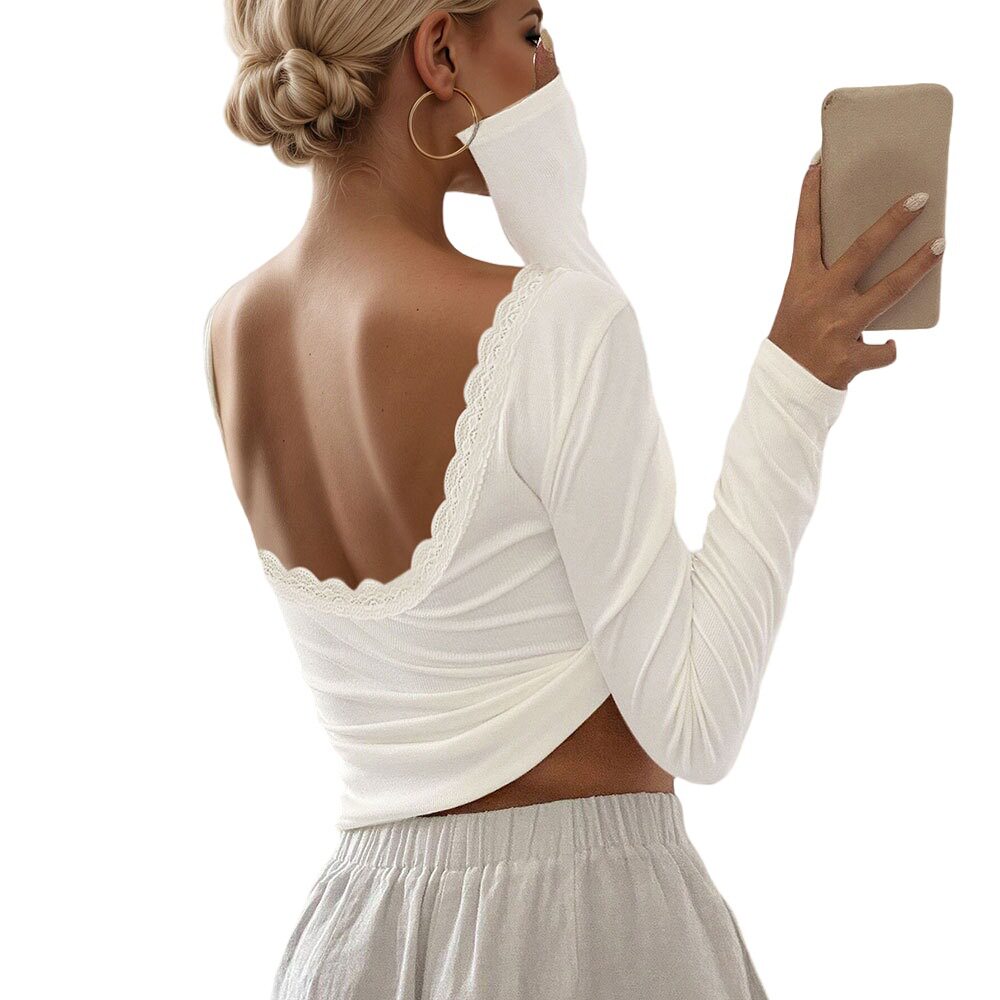 Lace Panel Long Sleeve Top Sexy Slim Fit Backless Design Ribbed Texture Perfect for Parties and Night Out Wholesale