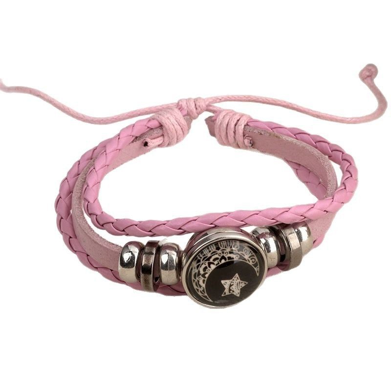 Glow-In-The-Dark Sun and Moon Lover Time Gemstone Bracelet Unisex Retro Handmade Multi-Layered Beaded Woven Leather Bracelet