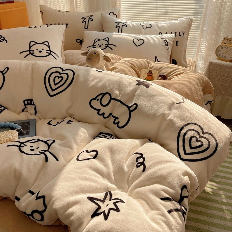 Ins Cartoon Printed Milk Velvet Four-Piece Set Class a Small Fresh Lace Quilt Cover Dormitory Three-Piece Bed Bed Sheets Set