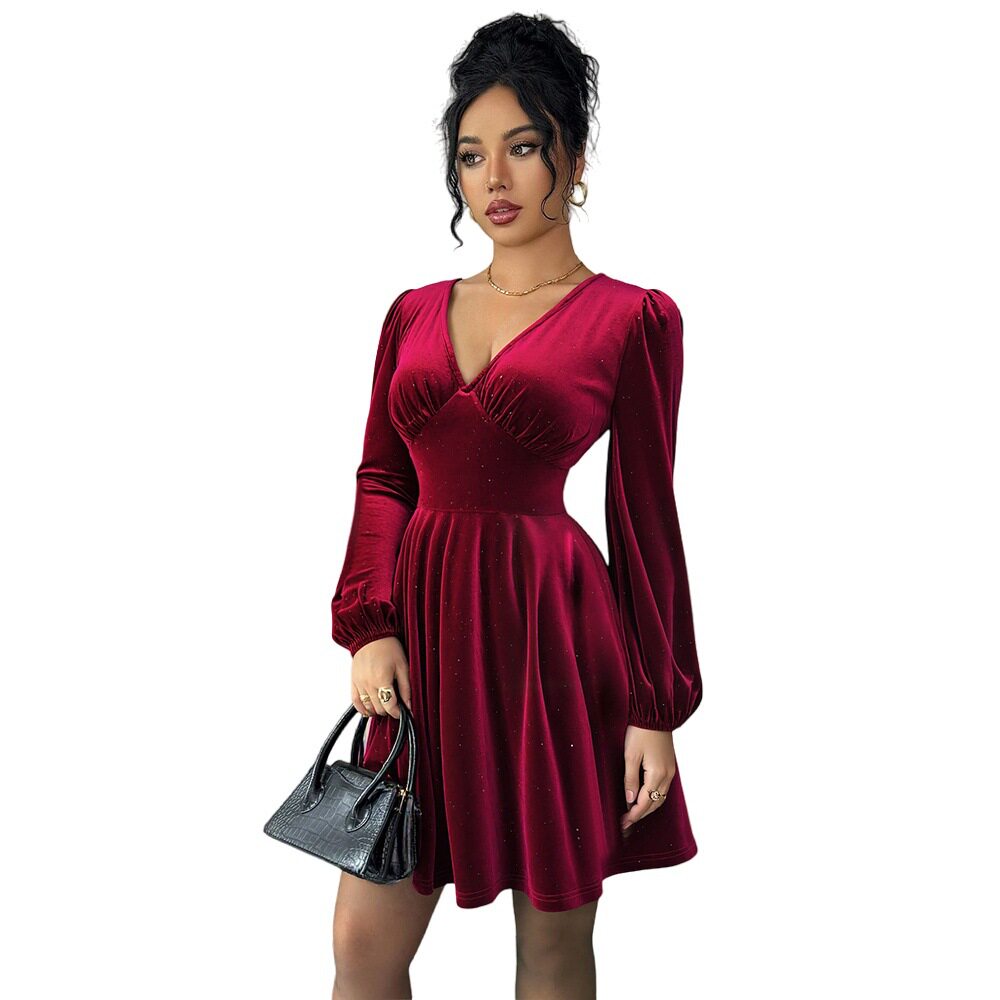 Vintage Style Burgundy Velvet A Line Dress V Neck Lantern Sleeves Slim Fit Ruffled Cocktail Party Evening Wear