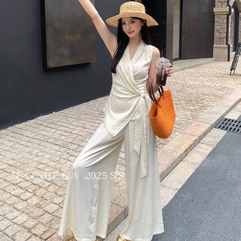 [Clearout No Returns/Exchanges] Xiuxixi Linen Vest + High Waist Slimming Wide Leg Trousers Two-Piece Suit for Women 89403
