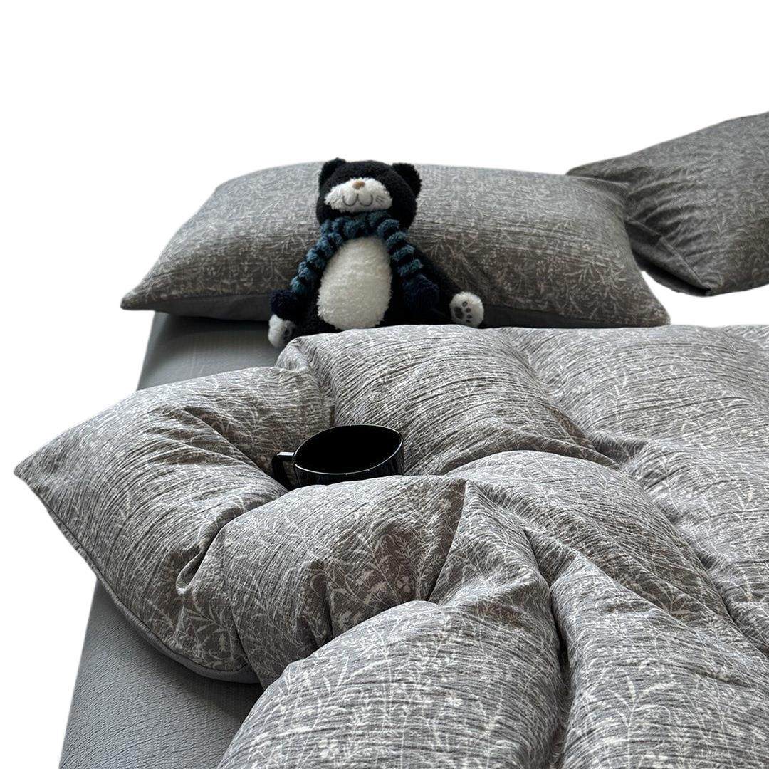 Washed Cotton Bed Four-Piece Fitted Sheet Set, Light Luxury Style Double-Layer Gauze Quilt Cover, Soft Bedroom Dormitory Bed Bed Sheets Three-Piece Set