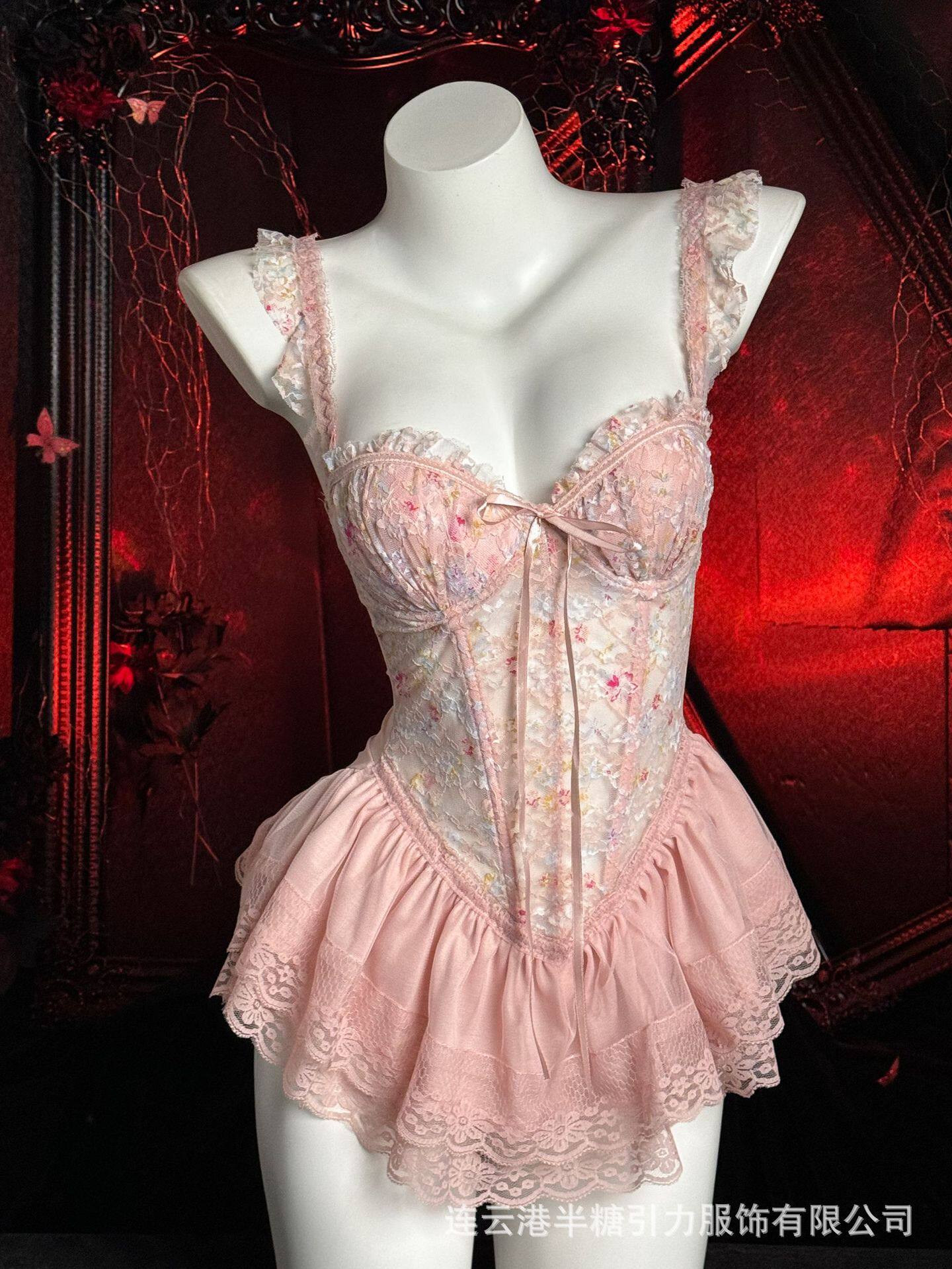 半糖引力碎花印染甜美鱼骨胸衣带胸垫纯欲吊带情趣内衣聚拢女992