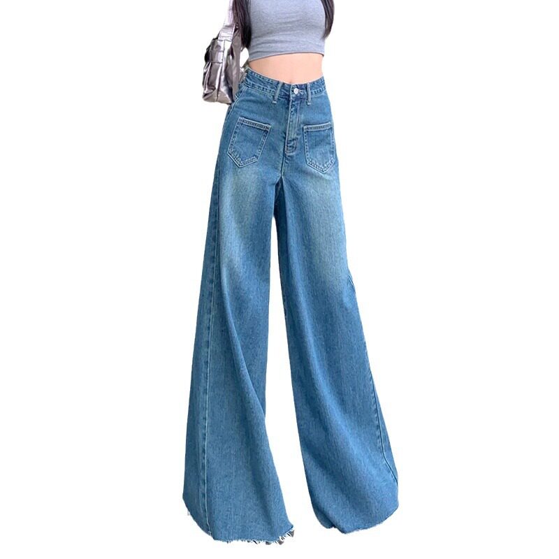 High Waisted Wide Leg Denim Skirt Vintage Style Flattering Fit Frayed Hem Spring Fashion for Women Wholesale