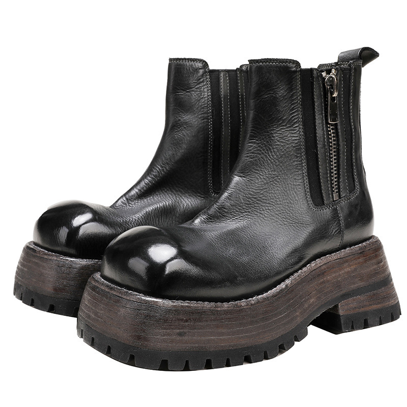 Boot Martin nữ da bò thật đế dày cổ trung, khóa kéo bên — Màu cà phê, Màu đen
