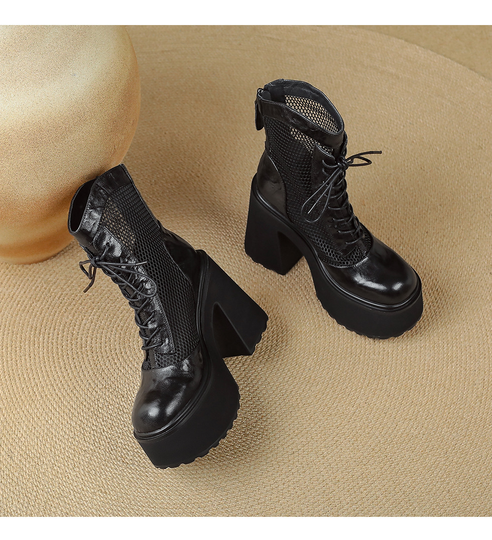 Boot nữ cao gót siêu cao đế platform khoét lỗ phối lưới thoáng khí — màu đen