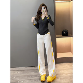 Shenzhen Nanyou Sports Suit Women's Autumn Slim Fit V-Neck Sweater High Waist Wide Leg Pants Two-Piece Set