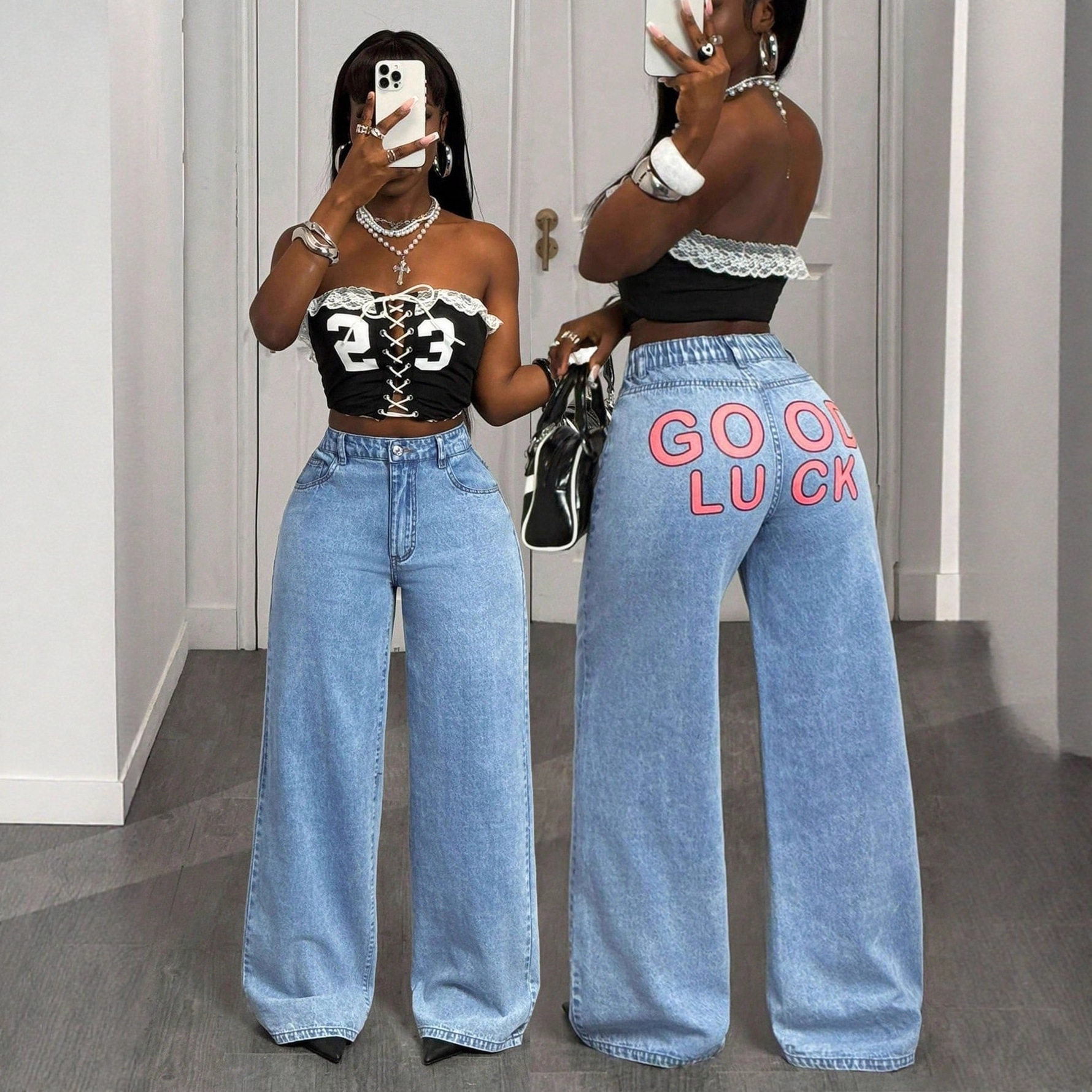 Wide Leg High Waisted Denim Trousers Vintage Style Loose Fit Versatile Design Casual Wear for Women Wholesale