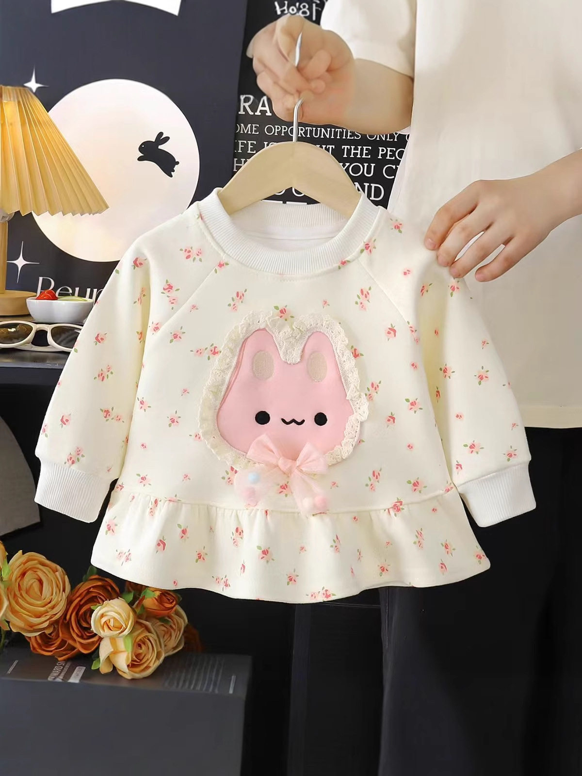 Girls' Autumn Pullover Hoodie, New Cute Stylish Cartoon Cat & Rabbit Print Floral Hem Top