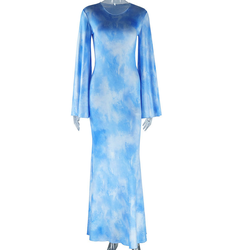 Elegant Flared Sleeve Dress Round Neck Ruffled Hem Floral Print Casual Chic for Women Wholesale Available