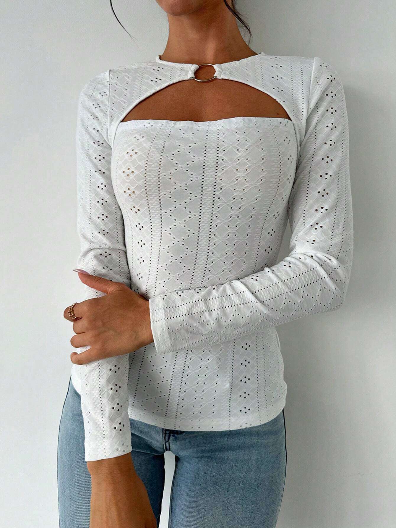 Elegant Womens T Shirt Minimalist Design Lace Hollow Out Long Sleeve Spring Summer Fashion Versatile for Work
