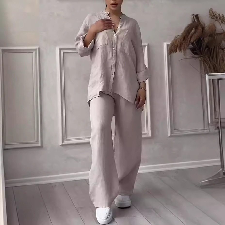 2025 European and American Cross-Border_Independent Station Amazon Casual Cotton and Linen Pure Color Shirt Drawstring Wide-Leg Pants Suit