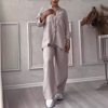 2025 European and American Cross-Border_Independent Station Amazon Casual Cotton and Linen Pure Color Shirt Drawstring Wide-Leg Pants Suit
