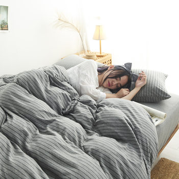 Japanese-Style Jersey Cotton Four-Piece Striped Knit Set, Pure Cotton Knit Bedding, Same Style as Muji, Suitable for Sleeping Naked