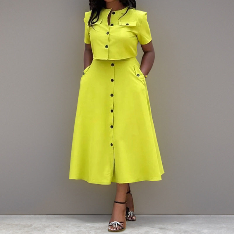 Womens Spring Short Sleeve Button Up Long Dress Set Solid Color Commuter Style Elegant Design Wholesale Available