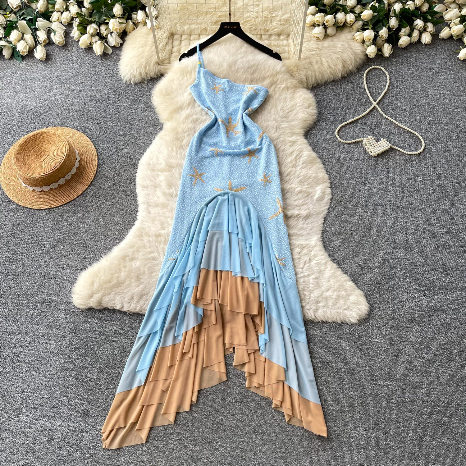 Summer Vacation Asymmetrical One Shoulder Dress Blue Gradient Mermaid Hem Lightweight Fabric Elegant Evening Wear