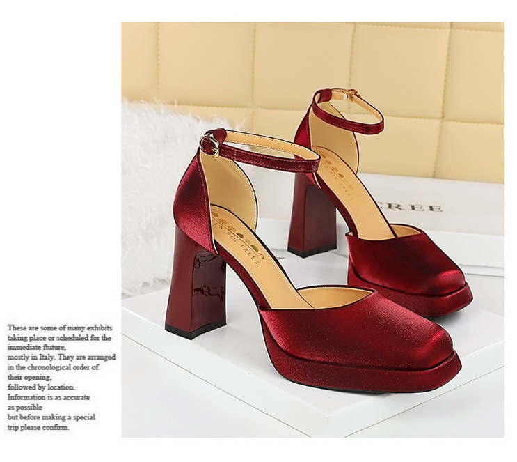 Sandal cao gót nữ quai ngang mũi vuông đế xuồng mặt satin — Màu đen, Màu đỏ rượu, Màu sâm panh, Màu trắng