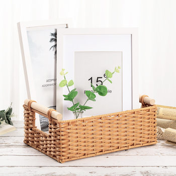 Imitation Rattan Basket Rectangular Desktop Storage Basket Household Living Room Sundries Storage Basket Plastic Rattan Snack Storage Box