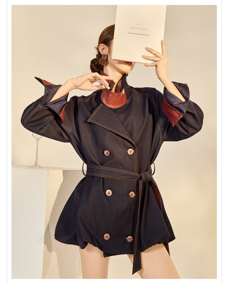 Áo khoác dáng trench denim phối chỉ tương phản cổ bẻ thắt eo dài trung — Xanh navy (giao hàng trong 7 ngày)