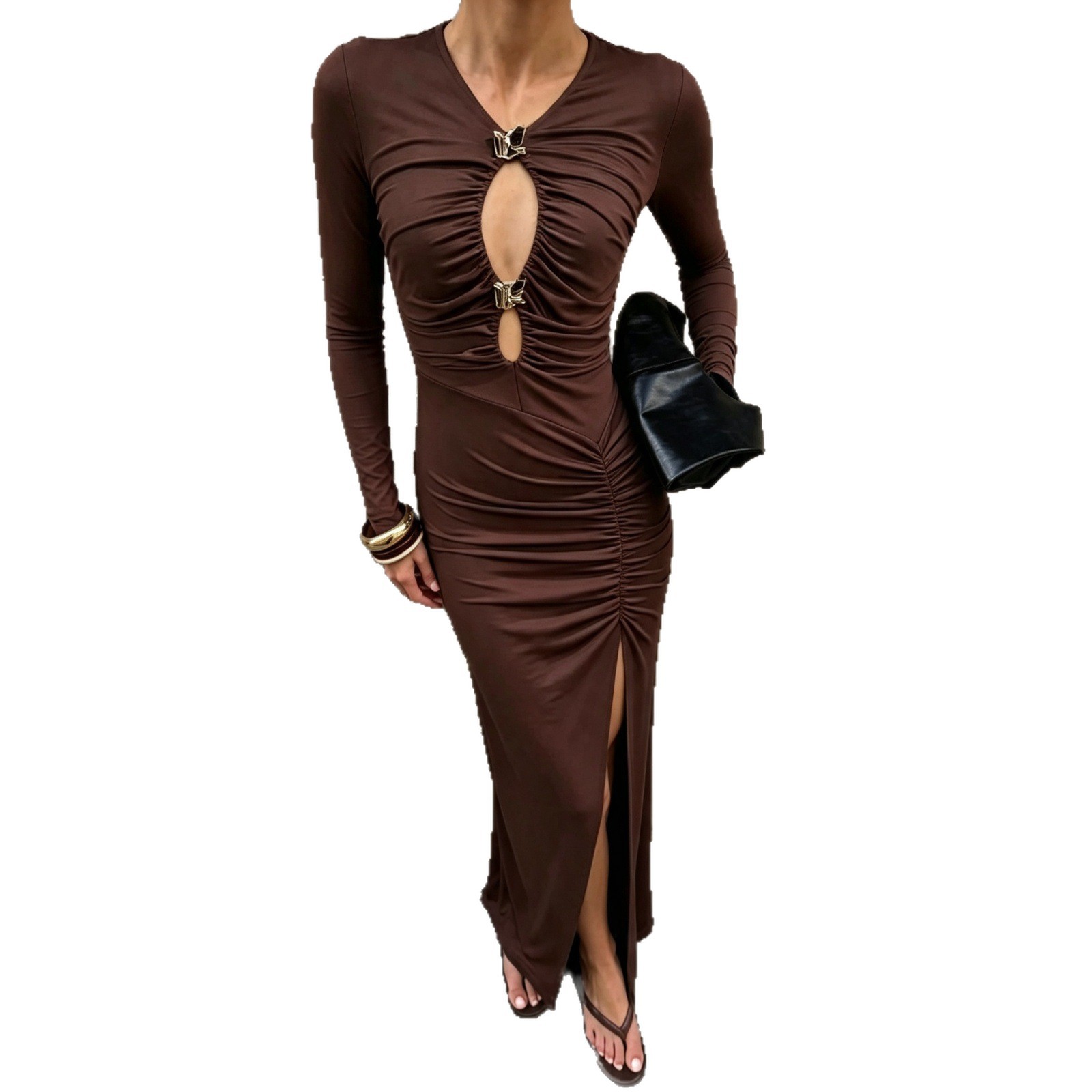 Elegant Womens Long Sleeve High Waist Split Maxi Dress Chic Style for Autumn Available in Various Colors Wholesale