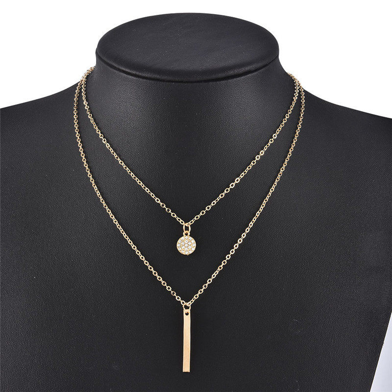 Cross-border geometric long flash diamond round double-layer necklace women's trendy simple fashion Diamond clavicle chain neck chain