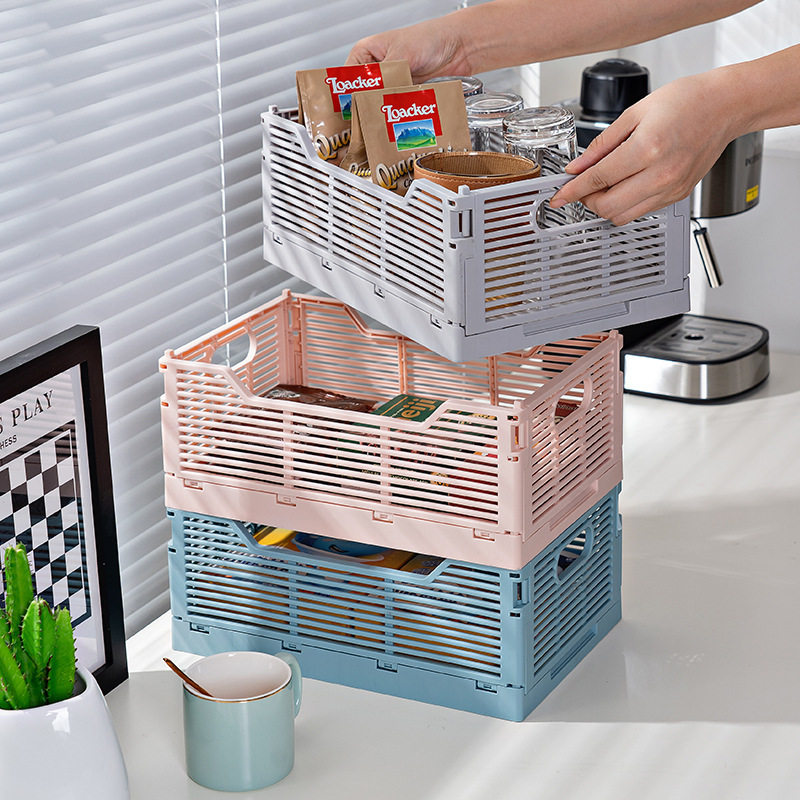 Desktop Storage Basket Folding Plastic Storage Basket Striped Snack Storage Box Overlay Kitchen Living Room Refrigerator Storage Basket