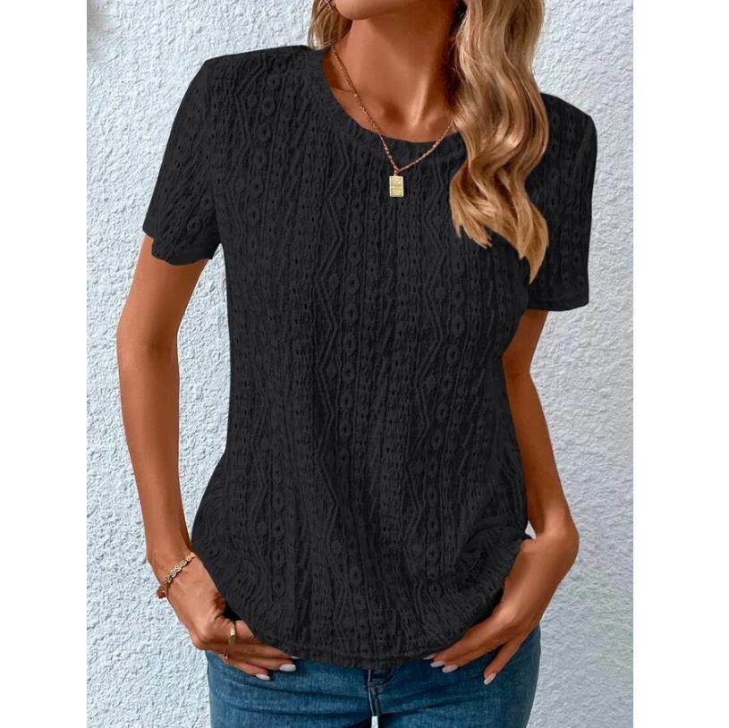 Womens Summer T Shirt Comfortable Fresh Sweet Hollow out Design Round Neck Short Sleeve Casual Wear