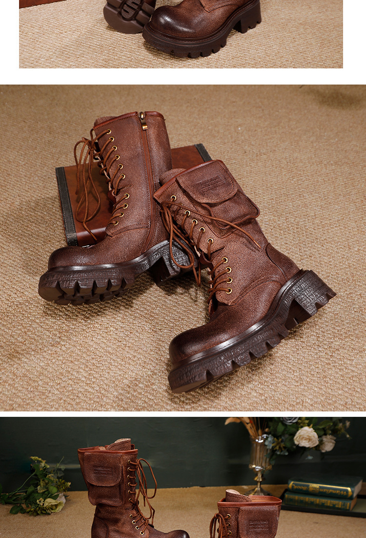 Boot Martin nữ da thật cổ trung, phong cách Anh cổ điển, khóa kim loại cá tính — màu cà phê