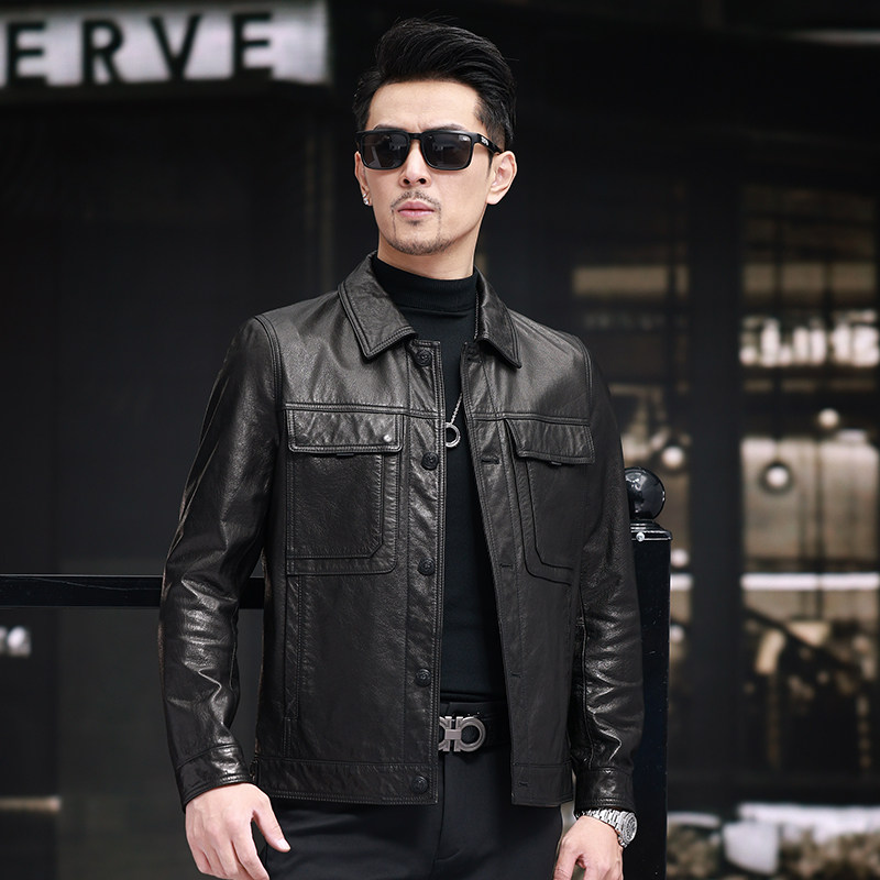 Áo Khoác Da Bò Đầu Lớp Dáng Ngắn Cổ Bẻ Ve Áo Khuy Cài Phong Cách Biker Màu Đen