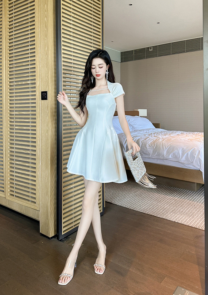 Đầm suông nữ midi cổ vuông phong cách Pháp tay ngắn — [Trắng] chi tiết 16